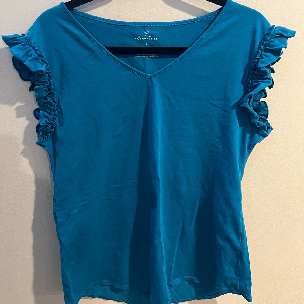 🛑 SALE 🌻 Elegant Tees Women's Turquoise Ruffle Sleeve Top